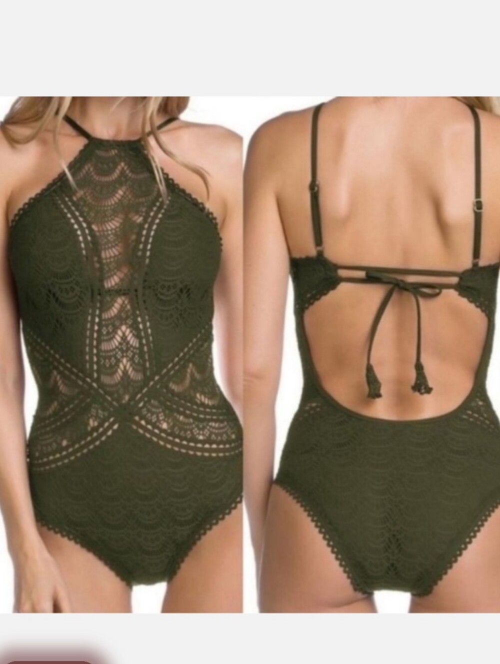 Becca by Rebecca Virtue Color Play Womens Crochet One Piece Swimsuit Green Large